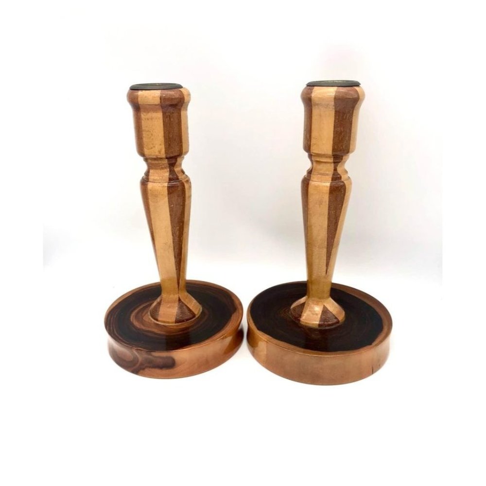 Pair of Handmade Wood Candle Holders with Inlay Vintage 1987